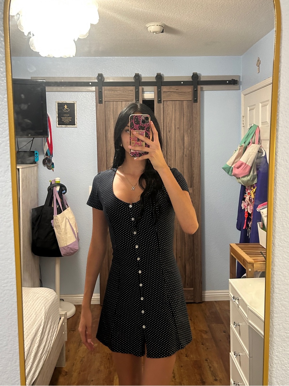 Brandy Melville Black Polka Dot Button-Front Mini Dress